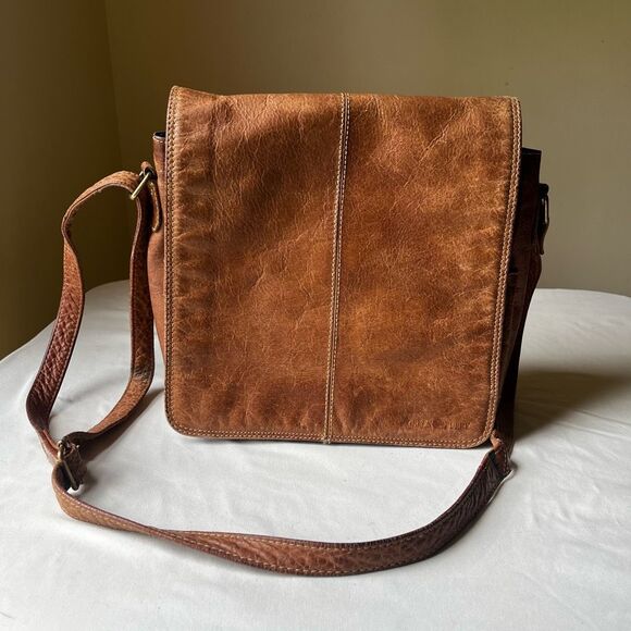 Vintage Greenburry Leather Messenger Bag Distressed Cognac Brown Crossbody - Picture 1 of 14